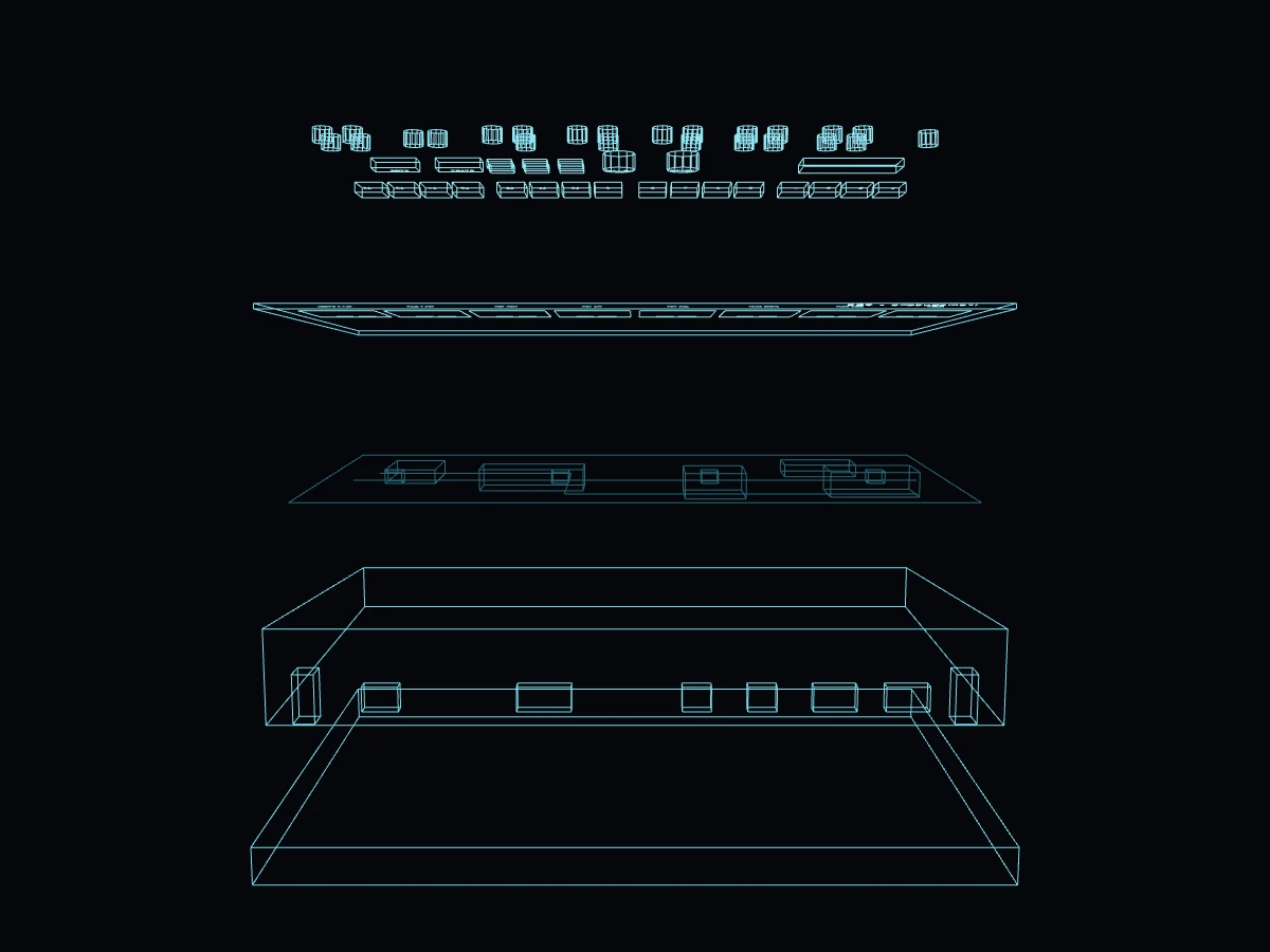 an exploded wireframe drum machine